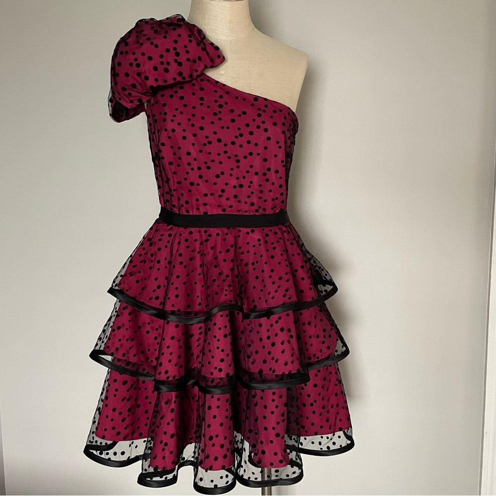Pearl by Georgina Chapman One Shoulder Polka Dot Dress in Fuchsia and Black